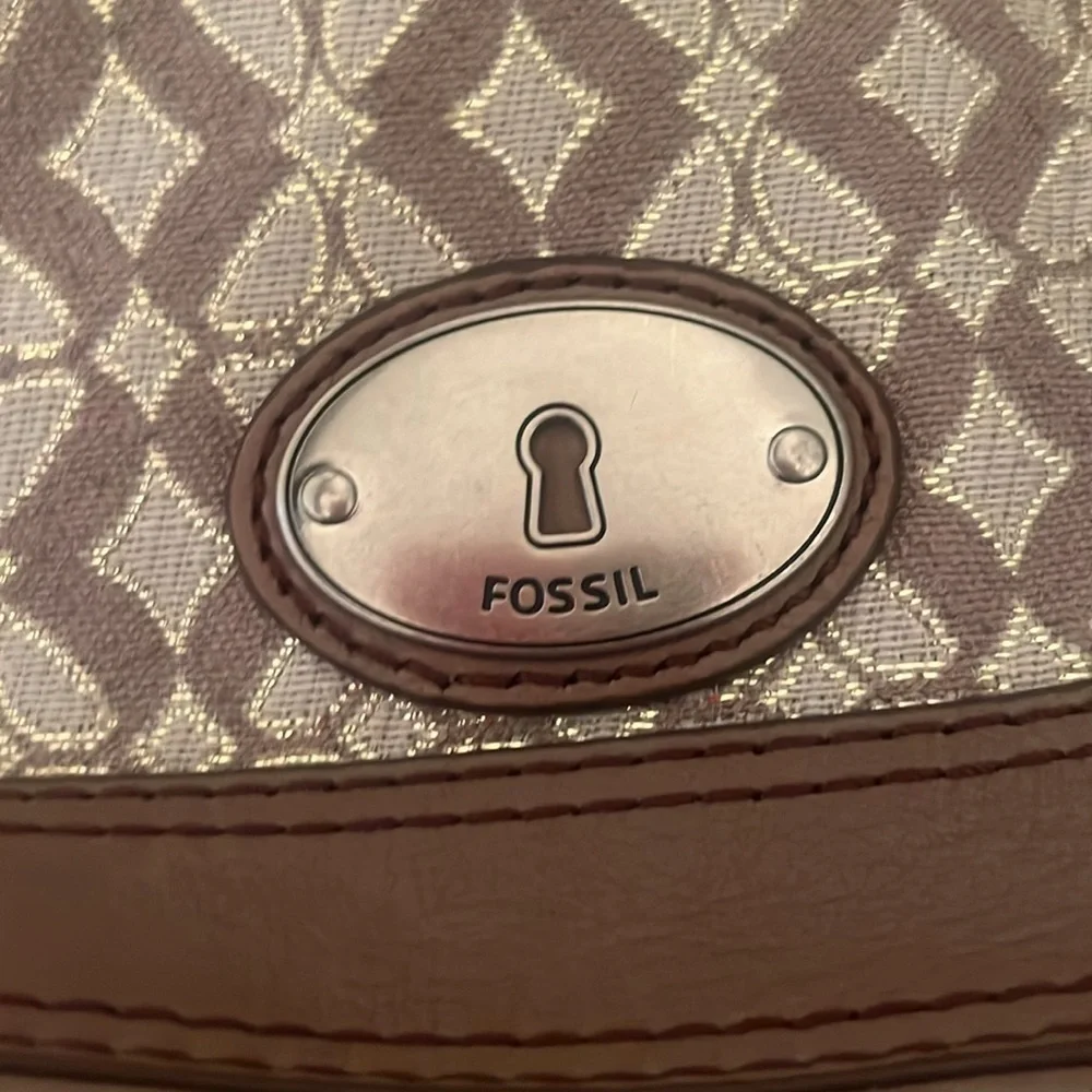 Fossil Maddox Beige metallic Leather Canvas over the shoulder hobo purse